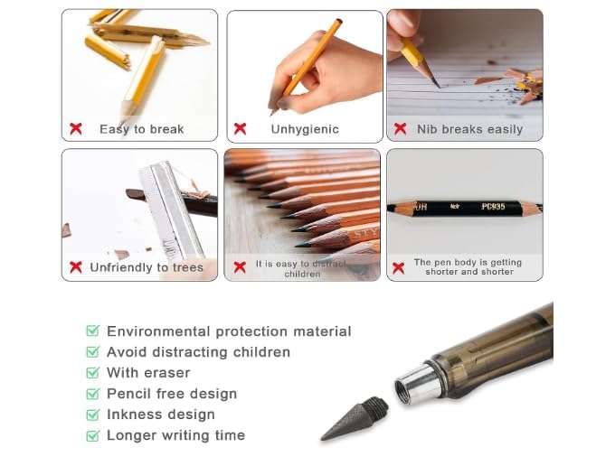 Infinity 1PCS Eternal Pencils, Inkless Everlasting Pencil Inf MBi 1nity Pencils with Eraser Reusable Infinite Pencil Tips for Kids Writing Drawing Sketching (Colorful)
