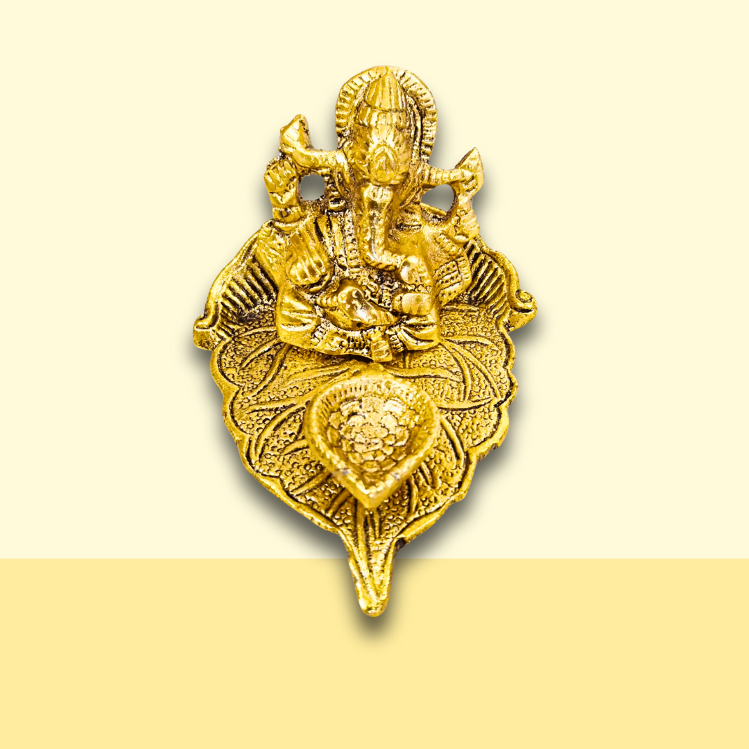 Hand Designed Metal Patta Ganesh Deepak For Pooja - Golden