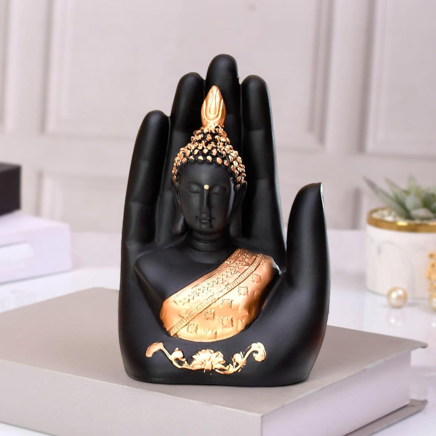 Golden Handcrafted Palm Buddha Idol | Home Decor & Gifts | Traditional Resin Statue for Living Room & Pooja Room