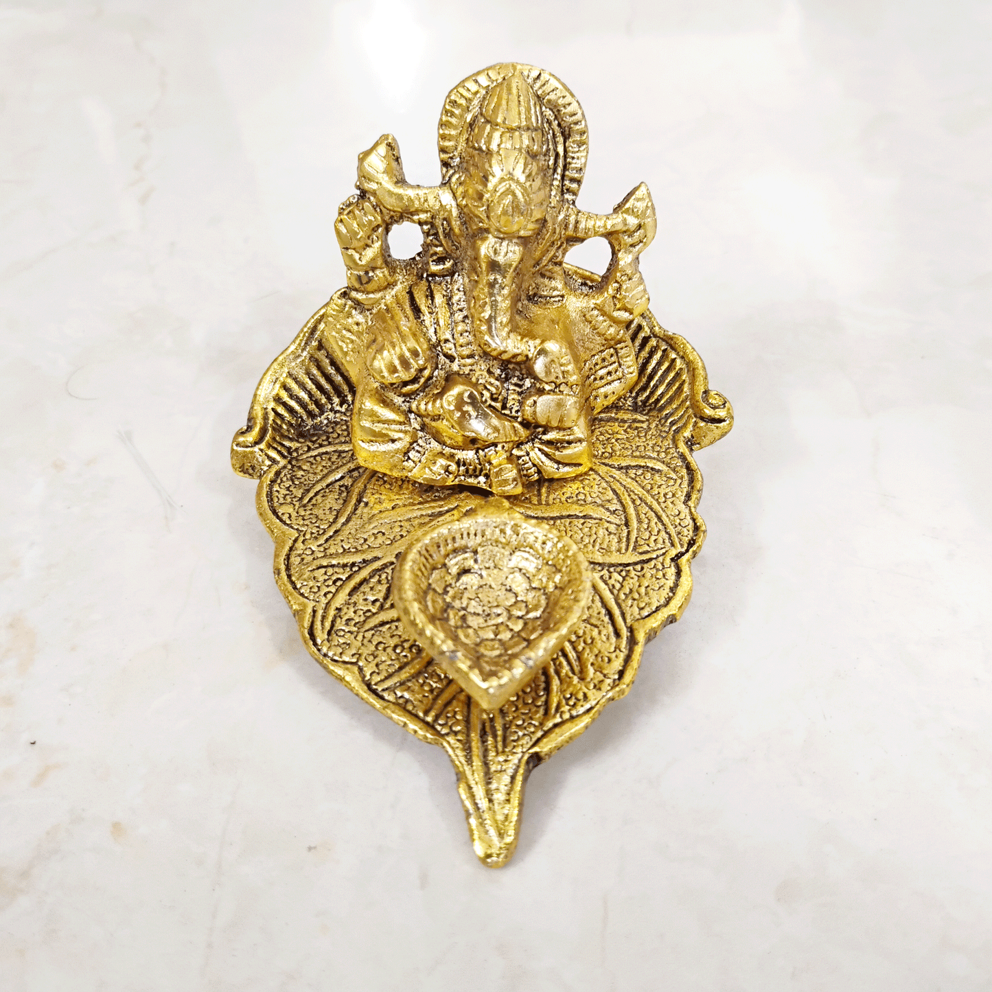 Hand Designed Metal Patta Ganesh Deepak For Pooja - Golden