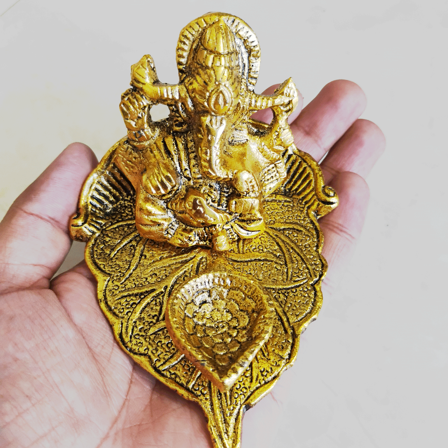 Hand Designed Metal Patta Ganesh Deepak For Pooja - Golden