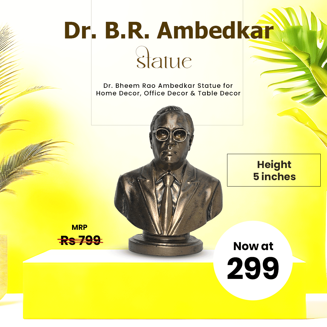 Bronze bust statue of Dr. B.R. Ambedkar on a yellow background with decorative elements.