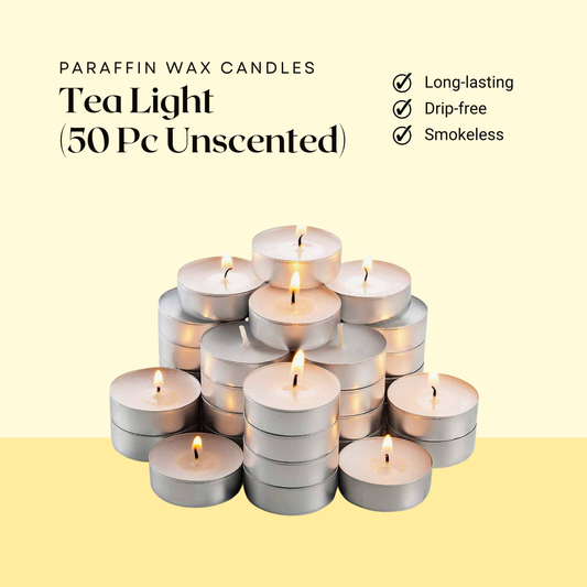 50 Pcs Unscented Tea Light Candles – Smokeless, Long-Lasting Wax Candles for Weddings, Parties, and Home Decor