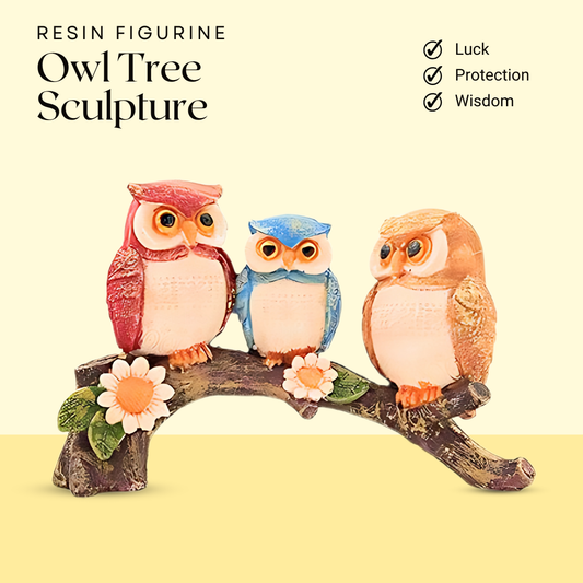 Owl Family on Tree Good Luck Statue – Decorative Resin Figurine for Home, Garden, and Outdoor Spaces