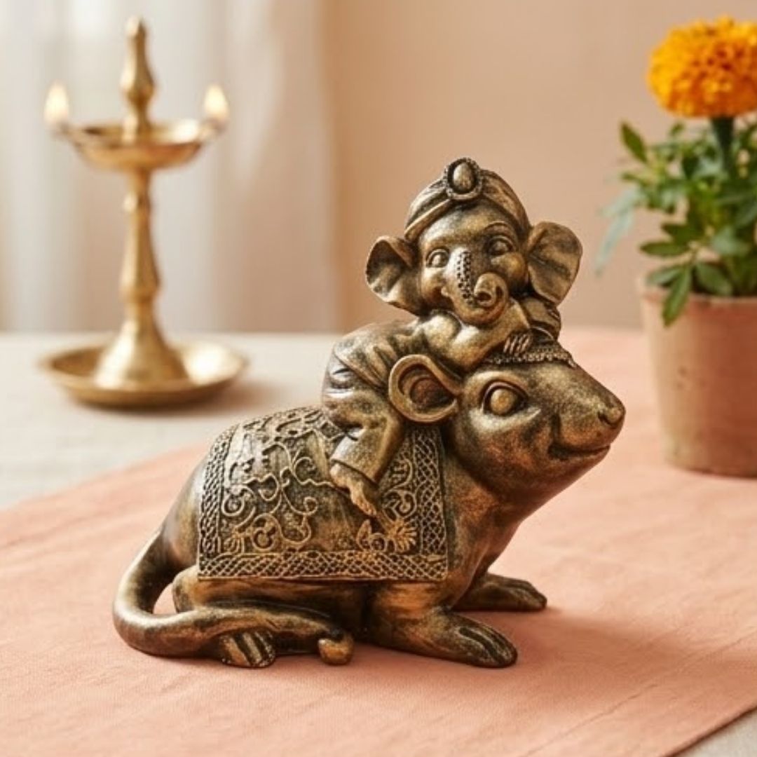 Baby Ganesha on Mouse Figurine – Symbol of Protection, Happiness, and Unity – Perfect for Home Decor