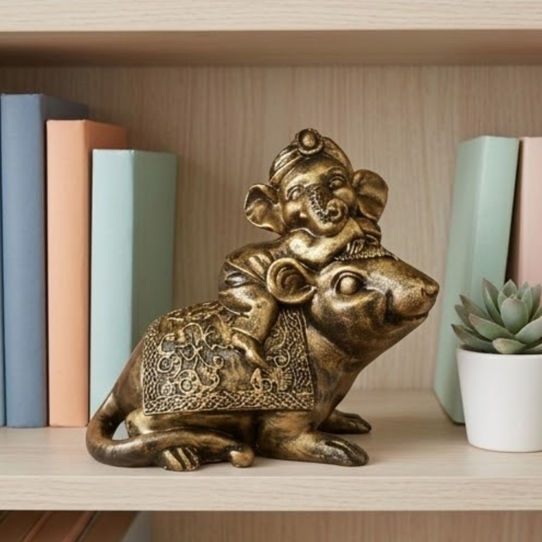 Baby Ganesha on Mouse Figurine – Symbol of Protection, Happiness, and Unity – Perfect for Home Decor