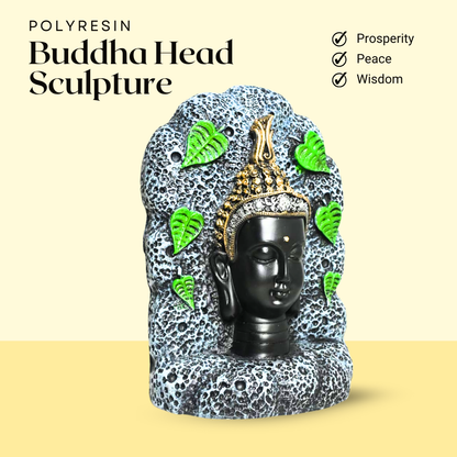 Handcrafted Buddha Head Statue with Green Leaf Accents – Premium Resin Stone Decor for Home and Meditation