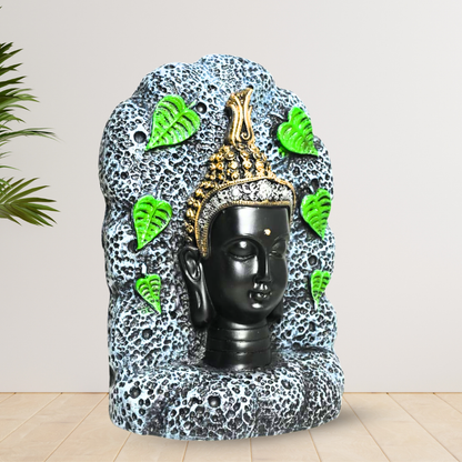 Handcrafted Buddha Head Statue with Green Leaf Accents – Premium Resin Stone Decor for Home and Meditation