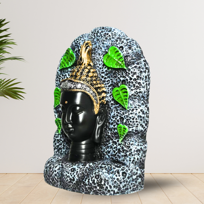 Handcrafted Buddha Head Statue with Green Leaf Accents – Premium Resin Stone Decor for Home and Meditation