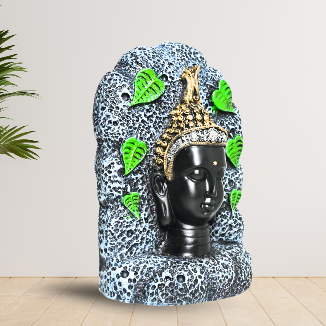 Handcrafted Buddha Head Statue with Green Leaf Accents – Premium Resin Stone Decor for Home and Meditation