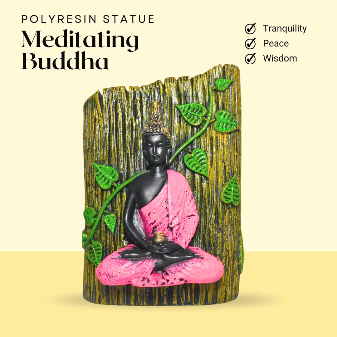 Meditating Buddha Sculpture with Pink Robe and Green Leaves – Peaceful Home Decor in Resin Wood Finish