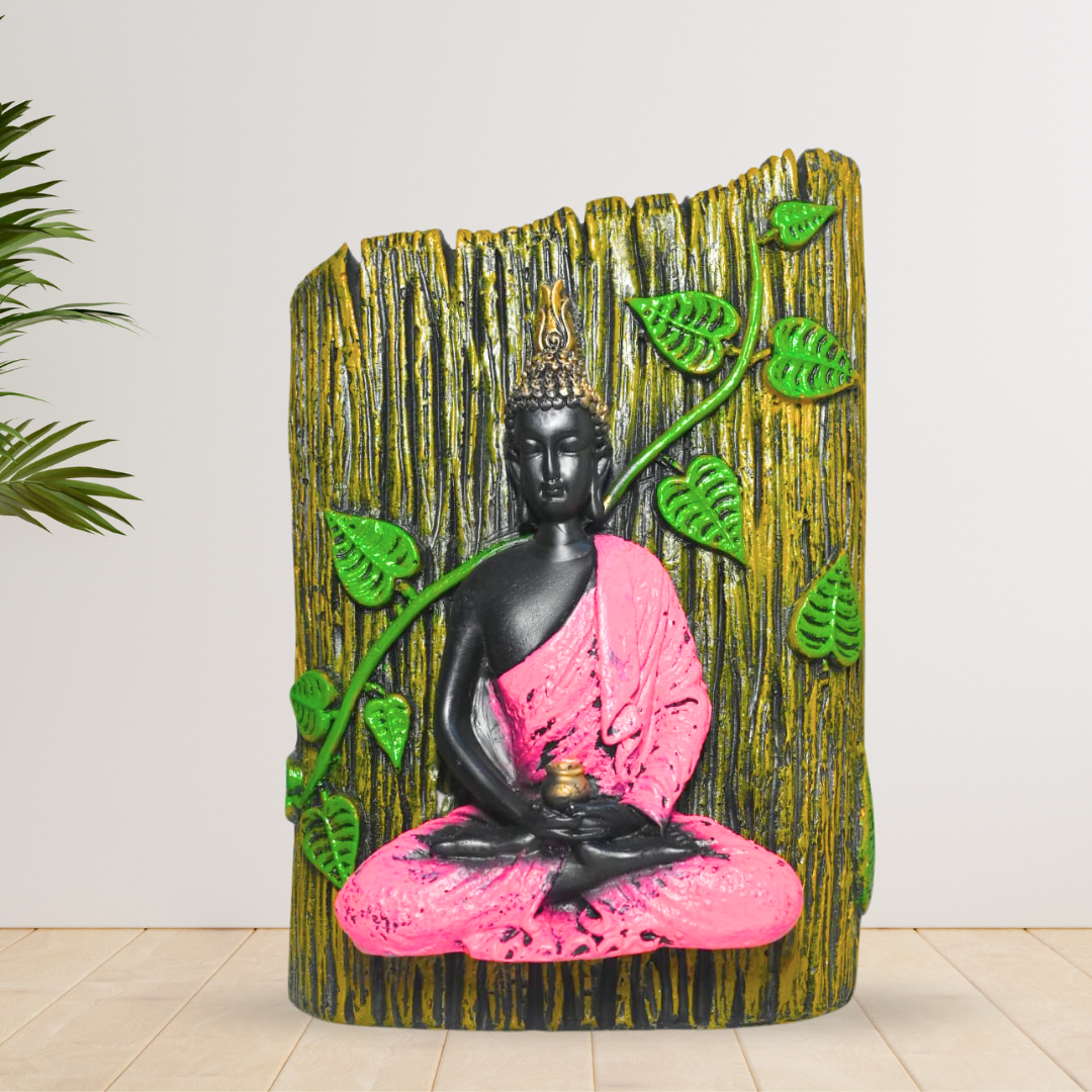 Meditating Buddha Sculpture with Pink Robe and Green Leaves – Peaceful Home Decor in Resin Wood Finish