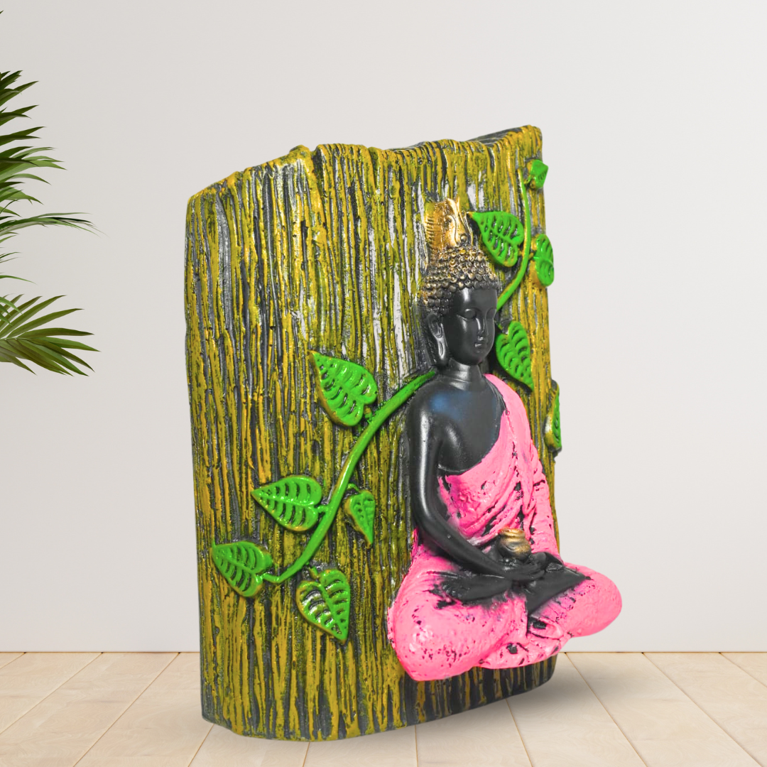 Meditating Buddha Sculpture with Pink Robe and Green Leaves – Peaceful Home Decor in Resin Wood Finish