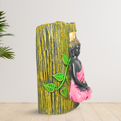 Meditating Buddha Sculpture with Pink Robe and Green Leaves – Peaceful Home Decor in Resin Wood Finish