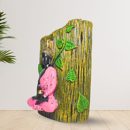 Meditating Buddha Sculpture with Pink Robe and Green Leaves – Peaceful Home Decor in Resin Wood Finish