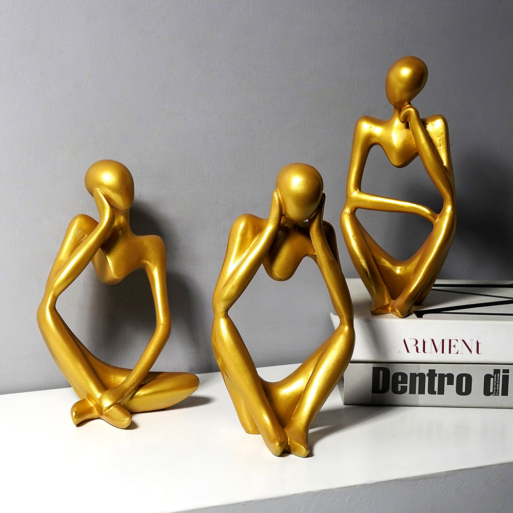 Decorative Abstract Thinker Men Statue Set of 3 – Modern Art Resin Sculpture for Home Decor (Gold, 13cm x 6cm)