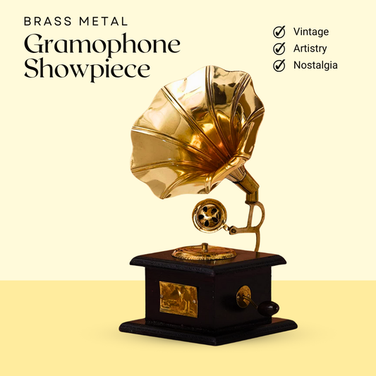 Vintage-Style Brass and Wood Sparkle Square Gramophone Action Showpiece – 23 cm (Brown and Gold)