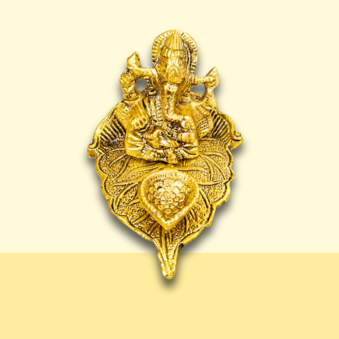 Hand Designed Metal Patta Ganesh Deepak For Pooja -  Golden