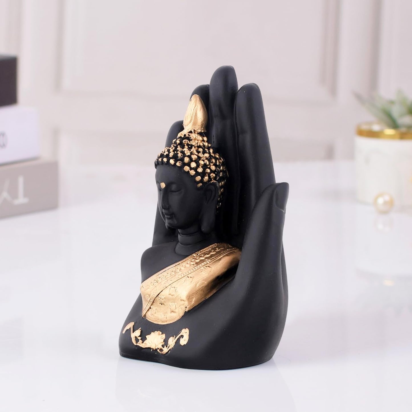Golden Handcrafted Palm Buddha Idol | Home Decor & Gifts | Traditional Resin Statue for Living Room & Pooja Room