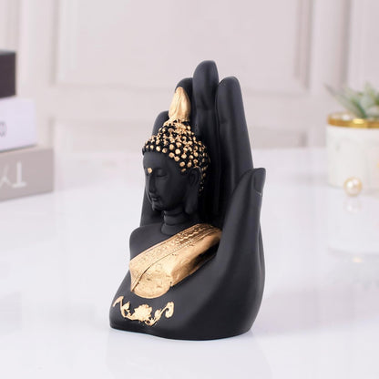Golden Handcrafted Palm Buddha Idol | Home Decor & Gifts | Traditional Resin Statue for Living Room & Pooja Room