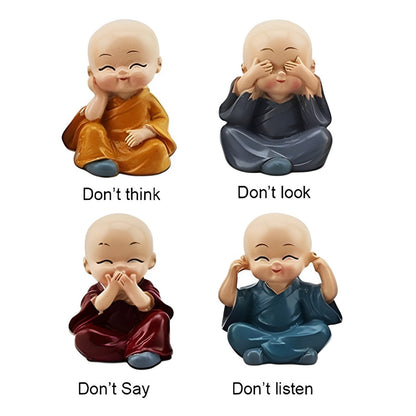 Resin Buddha Monk Statues - Set of 4 Good Luck Figurines for Indoor & Outdoor Decoration | Perfect for Garden, Car Dashboard, Porch, and Yard