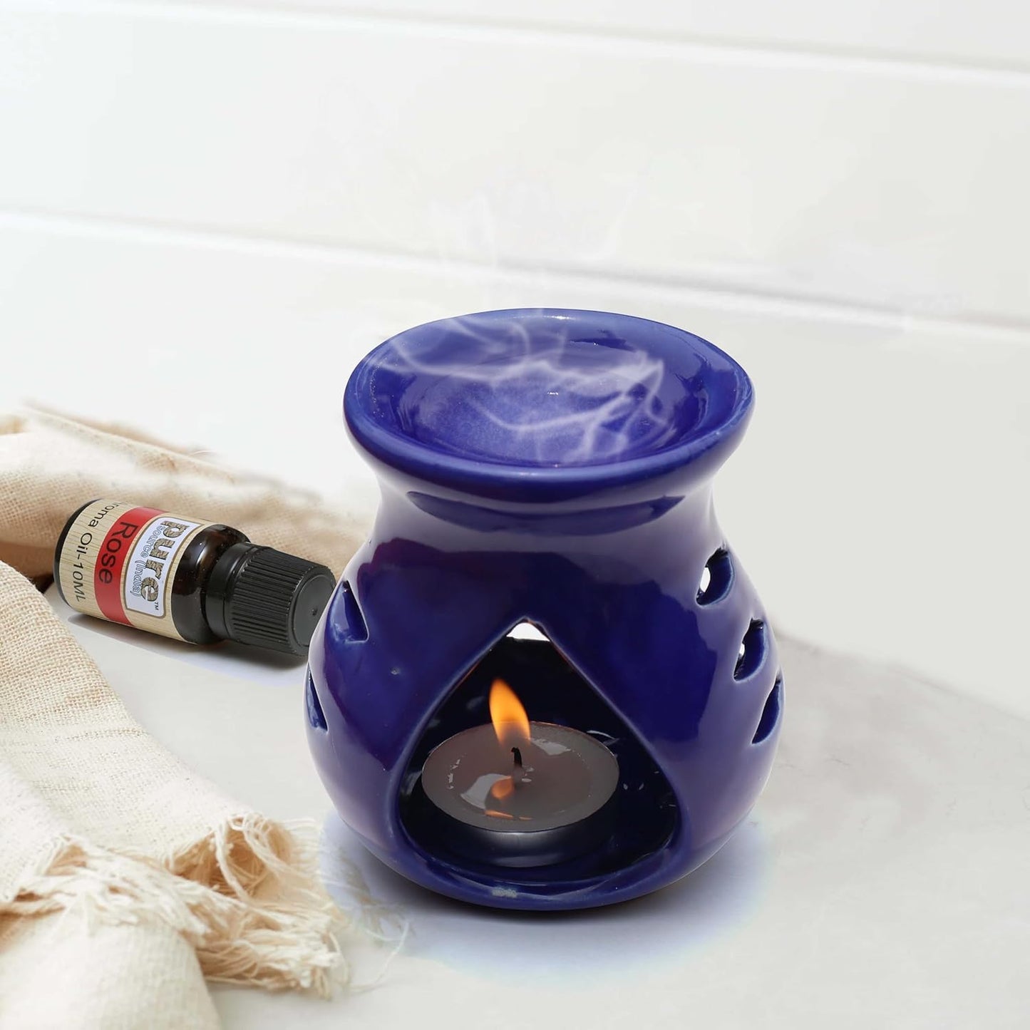 Ceramic Clay Candle-Operated Oil Diffuser – Aroma Burner with Tealight Candle (Blue, 9 cm)