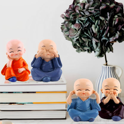 Resin Buddha Monk Statues - Set of 4 Good Luck Figurines for Indoor & Outdoor Decoration | Perfect for Garden, Car Dashboard, Porch, and Yard