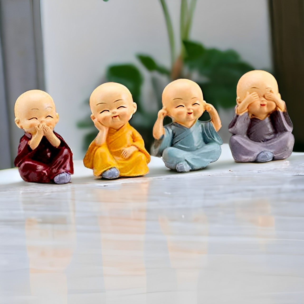 Resin Buddha Monk Statues - Set of 4 Good Luck Figurines for Indoor & Outdoor Decoration | Perfect for Garden, Car Dashboard, Porch, and Yard