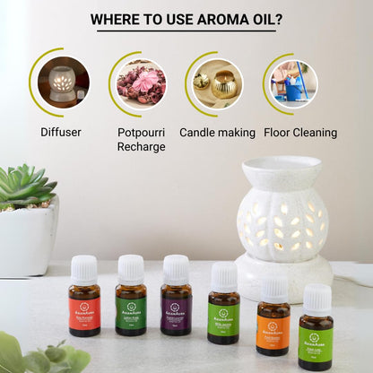 6-Piece Ceramic Aroma Diffuser Oil Set – English Lavender, Rosy Romance, Fruit Basket, Fresh Lime, White Jasmine, Lemon Grass (10ml Each) | Perfect for Home Fragrance & Aromatherapy