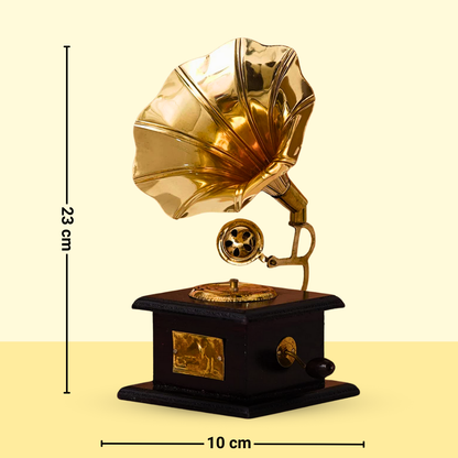 Vintage-Style Brass and Wood Sparkle Square Gramophone Action Showpiece – 23 cm (Brown and Gold)