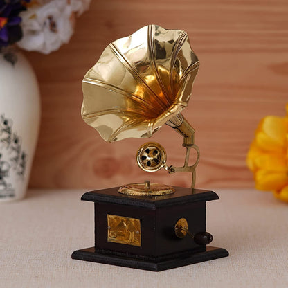 Vintage-Style Brass and Wood Sparkle Square Gramophone Action Showpiece – 23 cm (Brown and Gold)