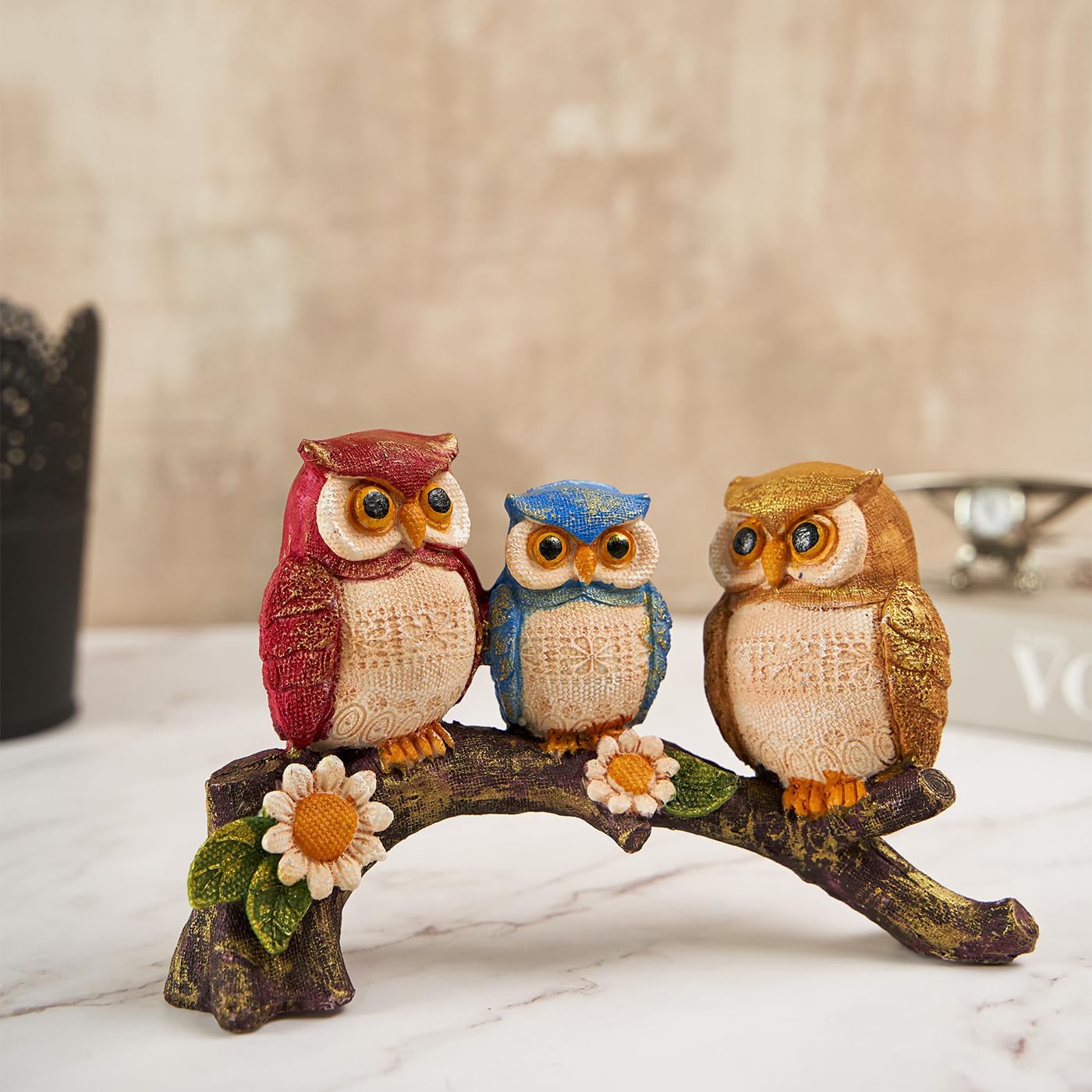 Owl Family on Tree Good Luck Statue – Decorative Resin Figurine for Home, Garden, and Outdoor Spaces