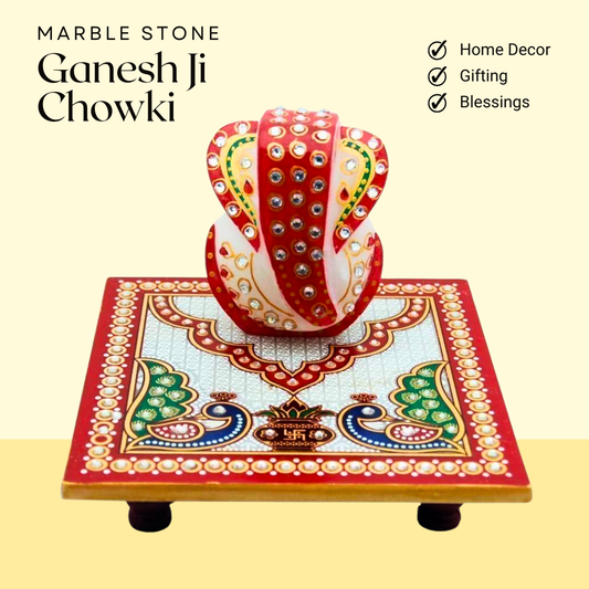 Handcrafted Marble Ganesh Ji Chowki Set – Diwali Special Ganesh Ji & Chowki