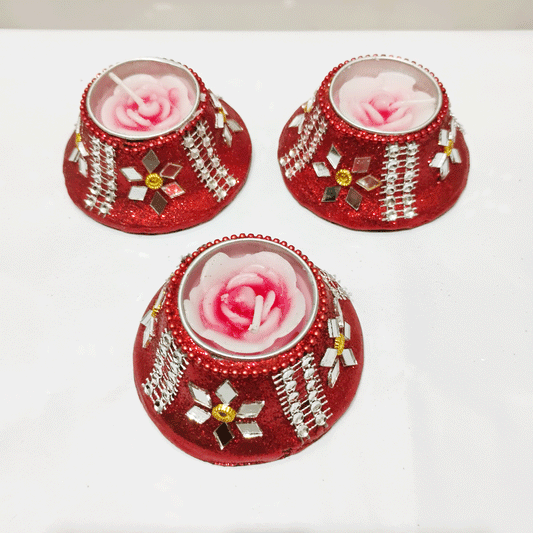 Candle Flower Star Decorated Pack For Decoration and Gifting -Red- Pack of 3