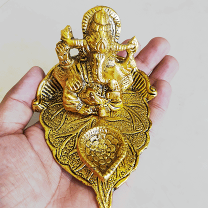 Hand Designed Metal Patta Ganesh Deepak For Pooja -  Golden