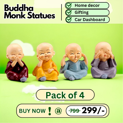 Resin Buddha Monk Statues - Set of 4 Good Luck Figurines for Indoor & Outdoor Decoration | Perfect for Garden, Car Dashboard, Porch, and Yard