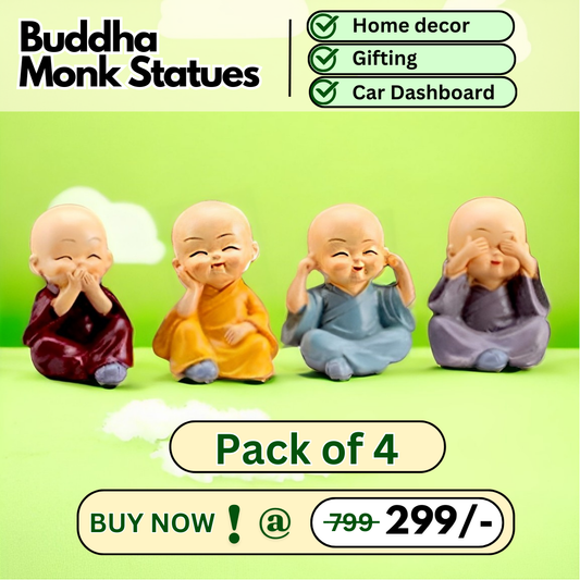 Resin Buddha Monk Statues - Set of 4 Good Luck Figurines for Indoor & Outdoor Decoration | Perfect for Garden, Car Dashboard, Porch, and Yard