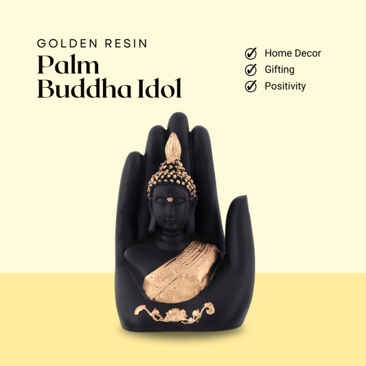 Golden Handcrafted Palm Buddha Idol | Home Decor & Gifts | Traditional Resin Statue for Living Room & Pooja Room