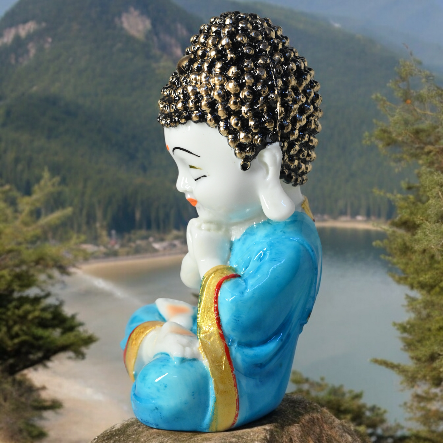 Blue Unique Meditating sitting Buddha statue showpiece idol home decor items for living room and gifts - Blue