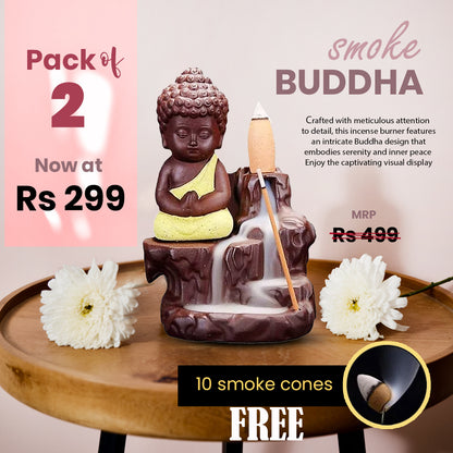 Pack of 2 - Smoke Buddha Fountain Incense Burner | Reverse Flow Design | Home Decor Gift - Resin Material Pack of 1