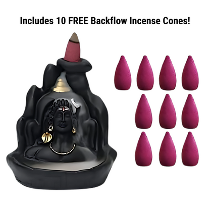 Adiyogi Dhyana Mudra Smoke Fountain Figurine with 10 Backflow Incense Cones | Matte Black Meditation Decor for Tranquility and Mindfulness