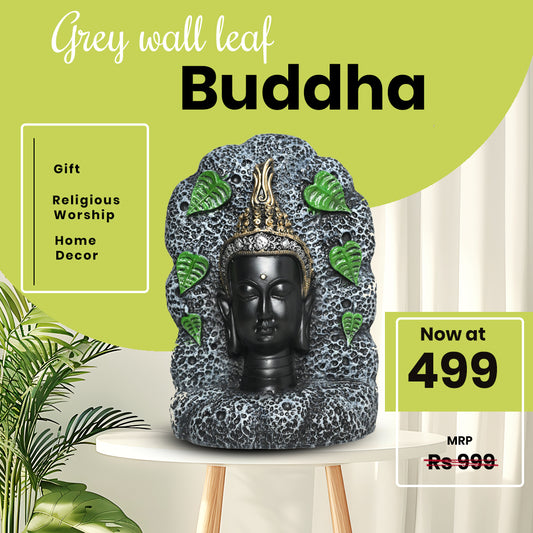 Handcrafted Buddha Head Statue with Green Leaf Accents – Premium Resin Stone Decor for Home and Meditation