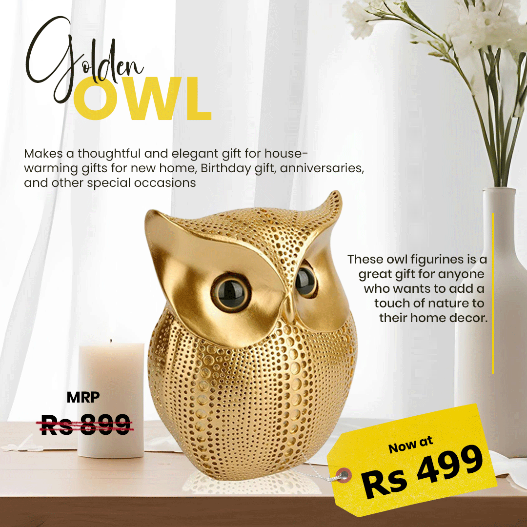 Golden Lucky Owl Resin Art Idol Figure – Handcrafted Owl Sculpture for Home and Office Décor, Symbol of Strength and Wisdom