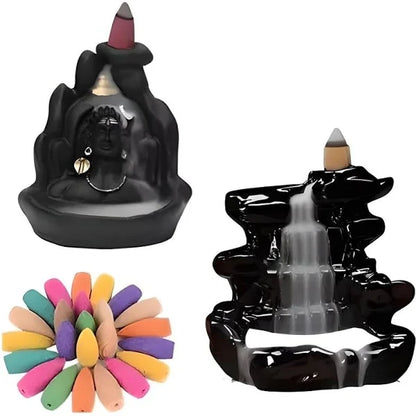 Adiyogi Dhyana Mudra Smoke Fountain Figurine with 10 Backflow Incense Cones | Matte Black Meditation Decor for Tranquility and Mindfulness