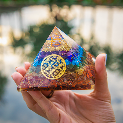 Seven Chakra Orgone Pyramid 3 inches in Transparent High Quality Resin - 7 Chakra - For Wealth/Growth/ Life Stability and Peace