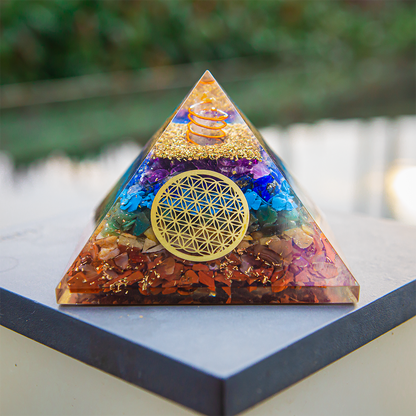 Seven Chakra Orgone Pyramid 3 inches in Transparent High Quality Resin - 7 Chakra - For Wealth/Growth/ Life Stability and Peace